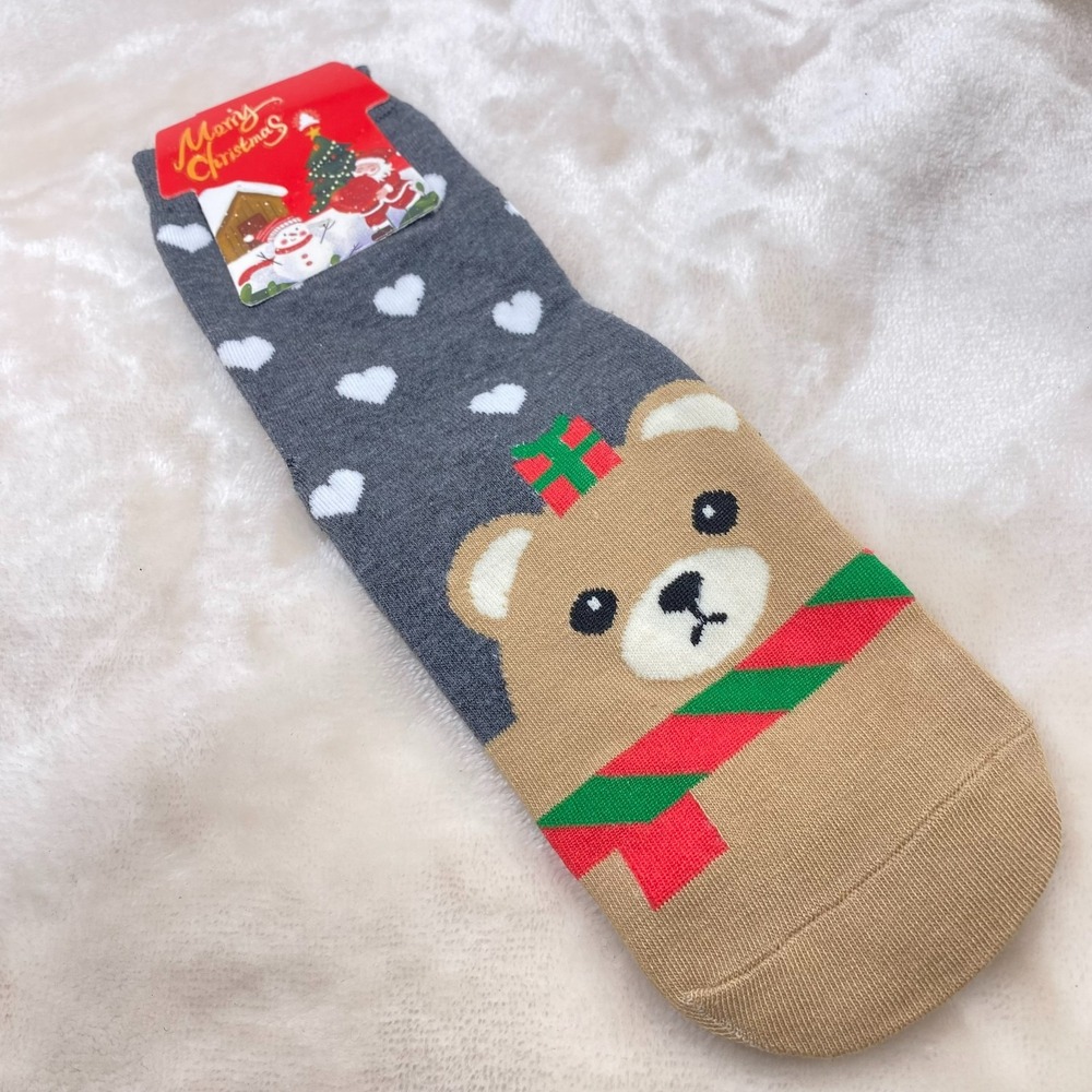 Bear Christmas Socks Hearts Tan Blue Grey Novelty Holiday One Size NEW